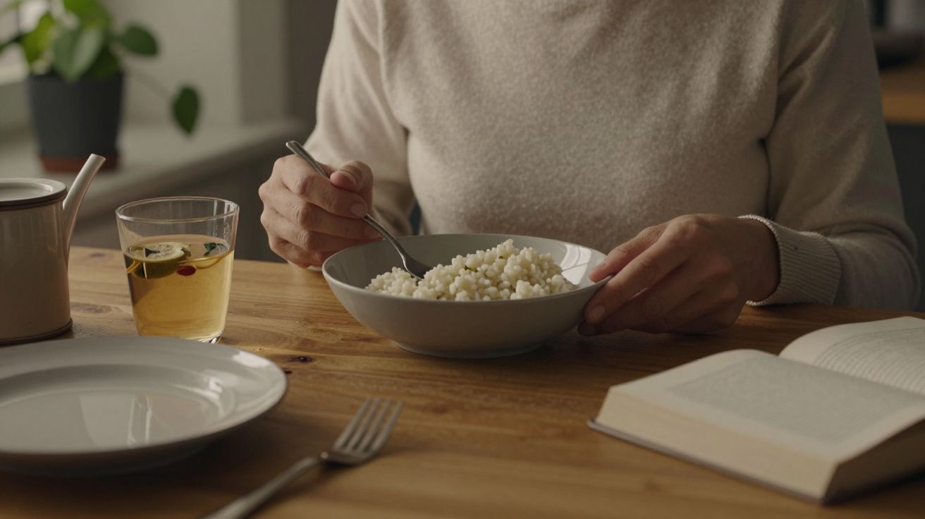 Persoană mâncând orez dintr-un bol la masă, alături de un pahar cu ceai și o carte deschisă.