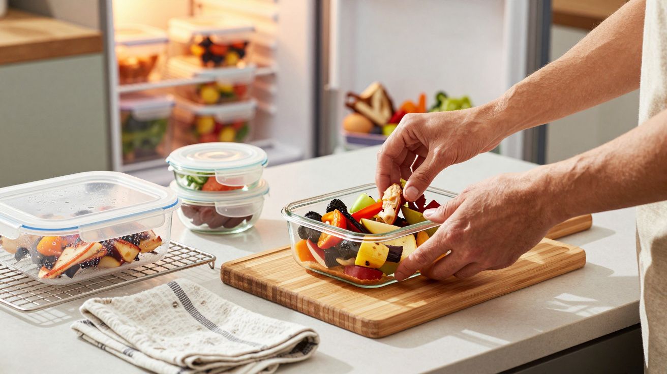 Persoană pregătind salată de fructe pe un tocător în bucătărie, cu recipiente de sticlă și frigider deschis în fundal.