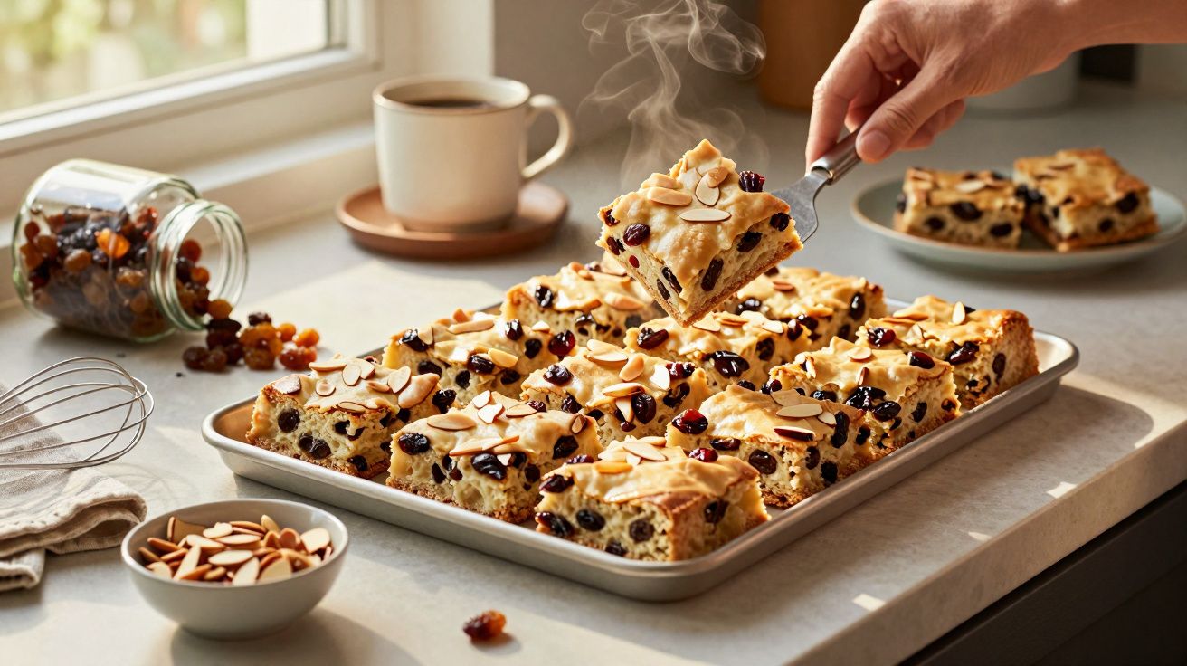 O tavă de prăjitură caldă cu fructe uscate și fulgi de migdale pe o masă, lângă un borcan și o ceașcă de cafea.