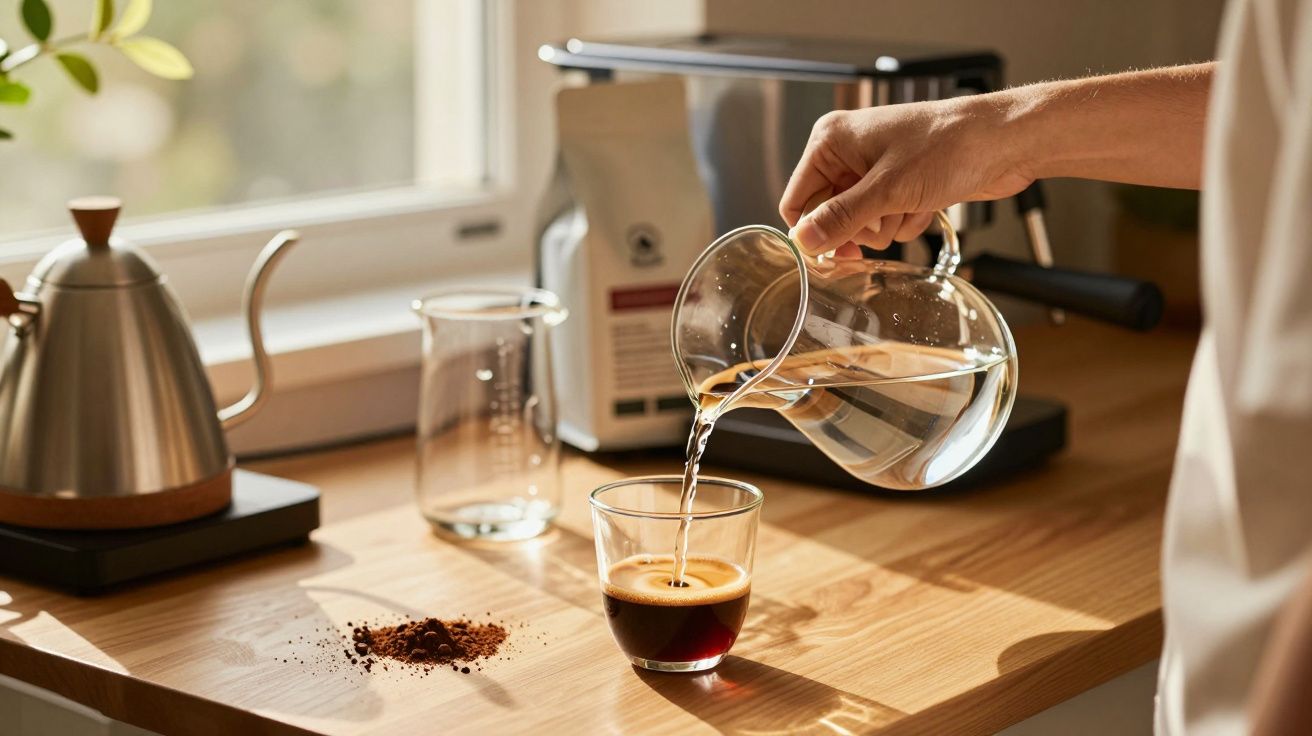 O persoană toarnă apă într-o cană cu cafea pe o masă de lemn, în lumina soarelui lângă o fereastră.