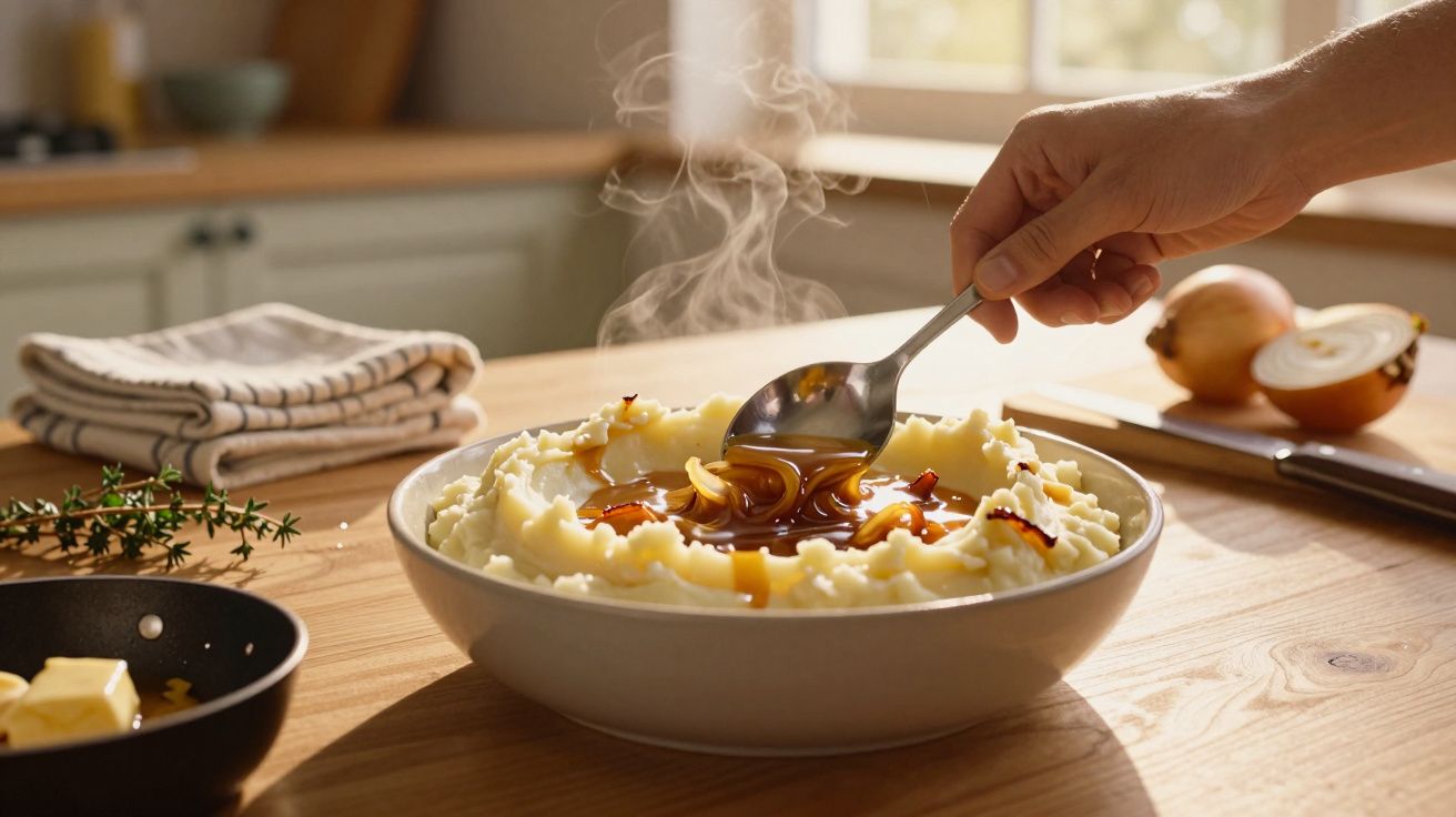 Mână turnând sos fierbinte peste un piure de cartofi aburind, așezat pe o masă din lemn, cu ceapă și unt lângă.