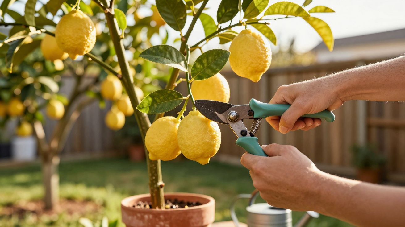Tăierea unei lămâi coapte de pe un copac din ghiveci, folosind foarfeci de grădină.