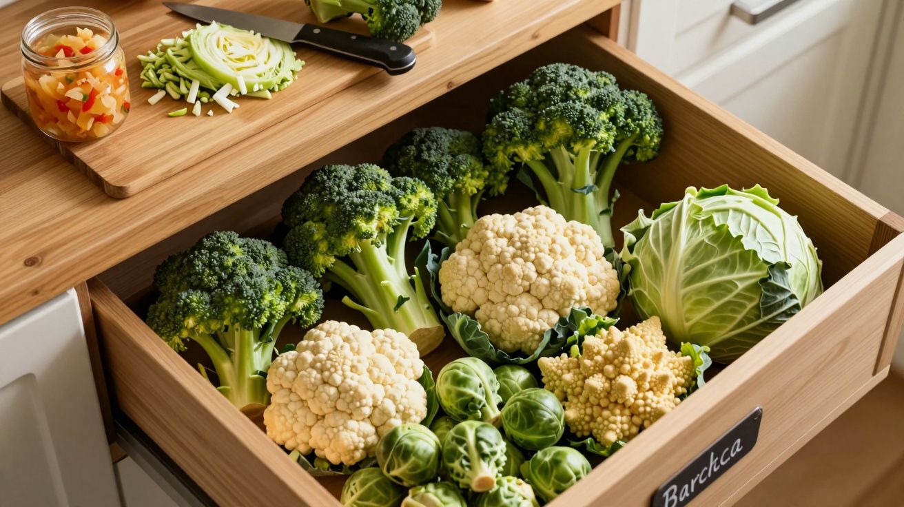 Ladă de lemn cu broccoli, conopidă, varză de Bruxelles și varză, alături de un tocător cu legume tăiate.