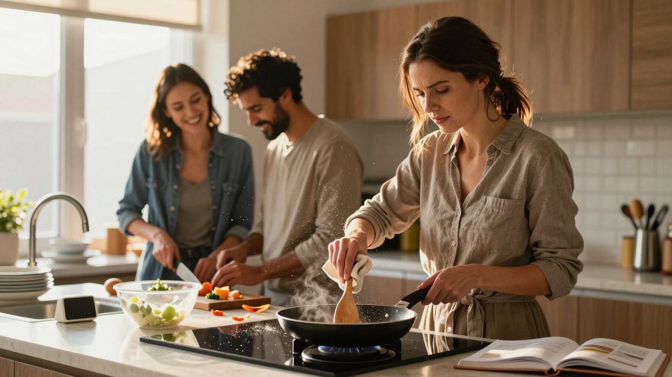 Trei persoane pregătesc mâncare într-o bucătărie modernă, doi taie legume, iar una gătește la plită.