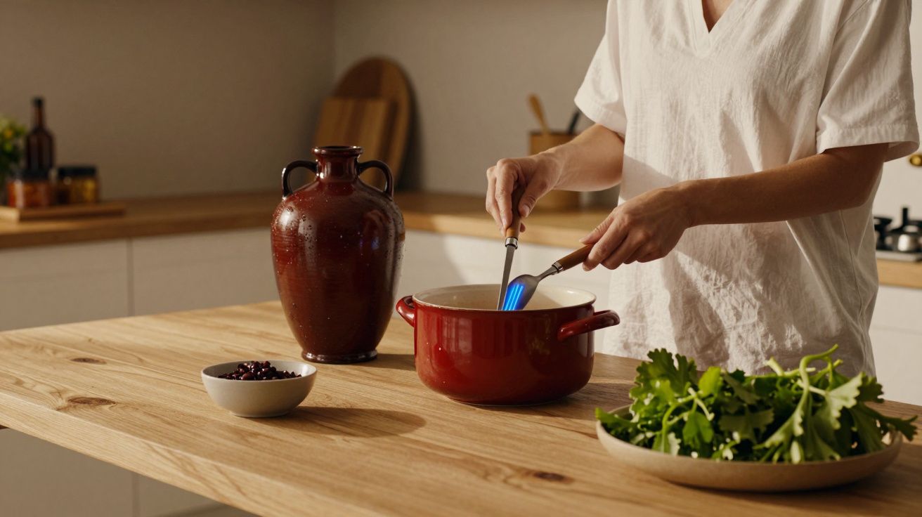 Persoană în bucătărie amestecând într-o oală roșie, cu salată verde și vas maroniu pe masă din lemn.