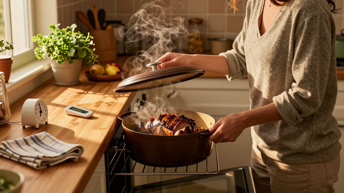 Persoană deschizând capacul unei cratițe fierbinți în bucătărie, cu aburi deasupra mâncărurii, pe un aragaz.