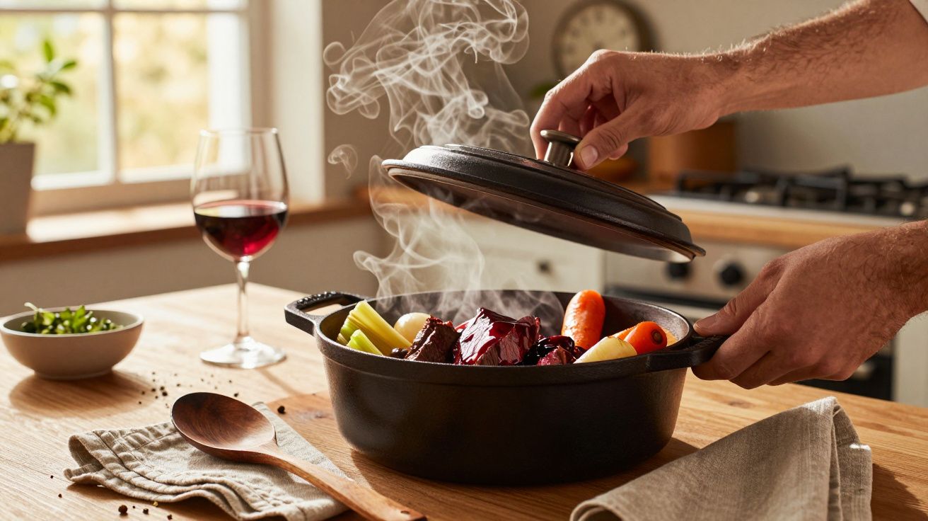 Mâncare aburindă într-o oală neagră, cu legume și carne, pe masă din lemn, lângă un pahar de vin roșu.