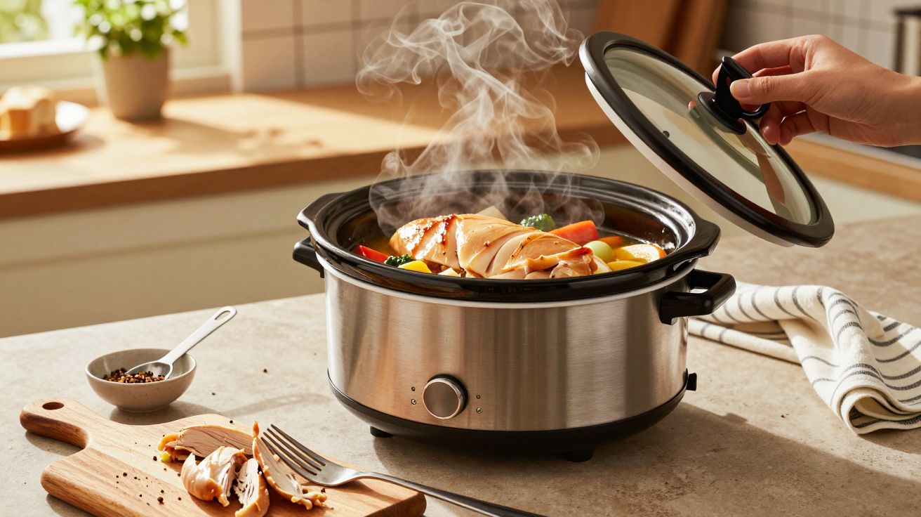 Mâncare aburindă cu legume și carne într-un slow cooker, capac ridicat parțial; condimente pe un tocător alături.