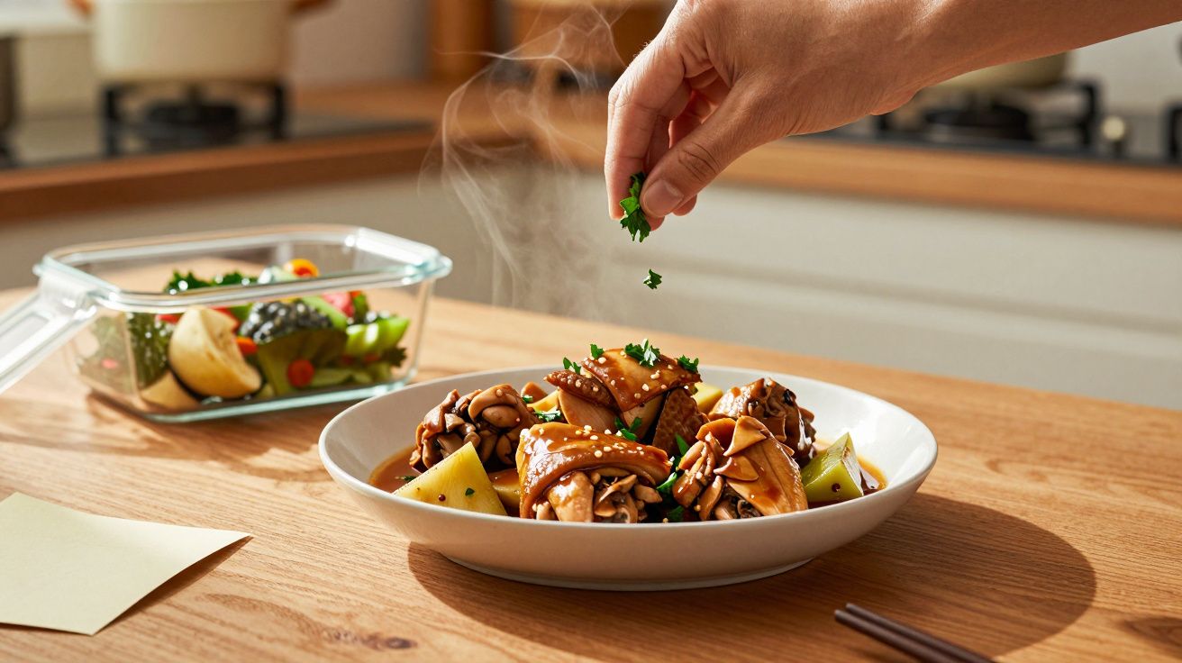 Un bol cu ciuperci și legume este decorat cu verdeață proaspăt tocată pe o masă de lemn.