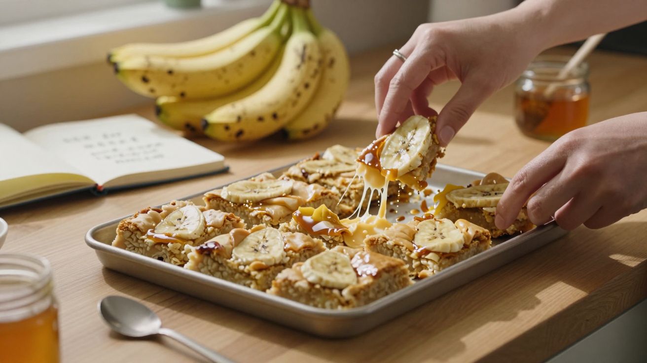 Mâini servind un baton de cereale cu banane și caramel pe o tavă, lângă un mănunchi de banane și borcane cu miere.
