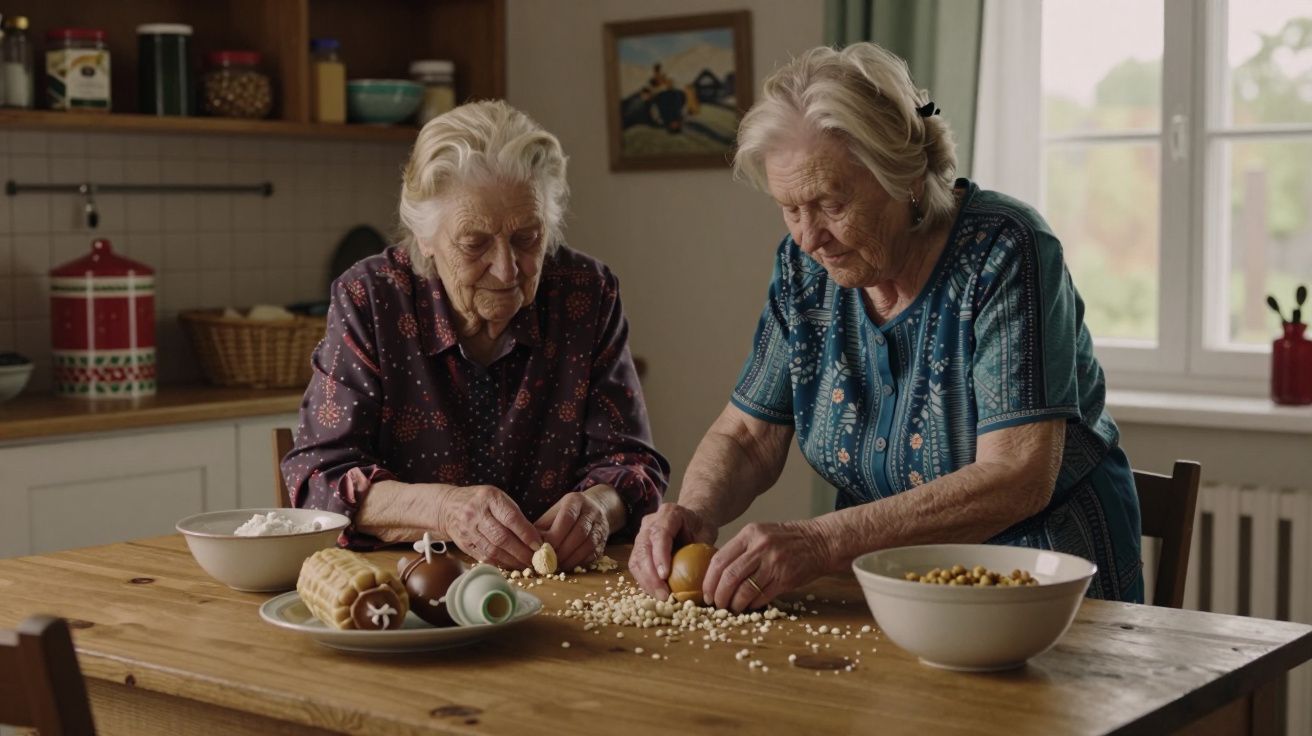 Două femei în vârstă stau la o masă în bucătărie, pregătind mâncare tradițională cu ouă și aluat.