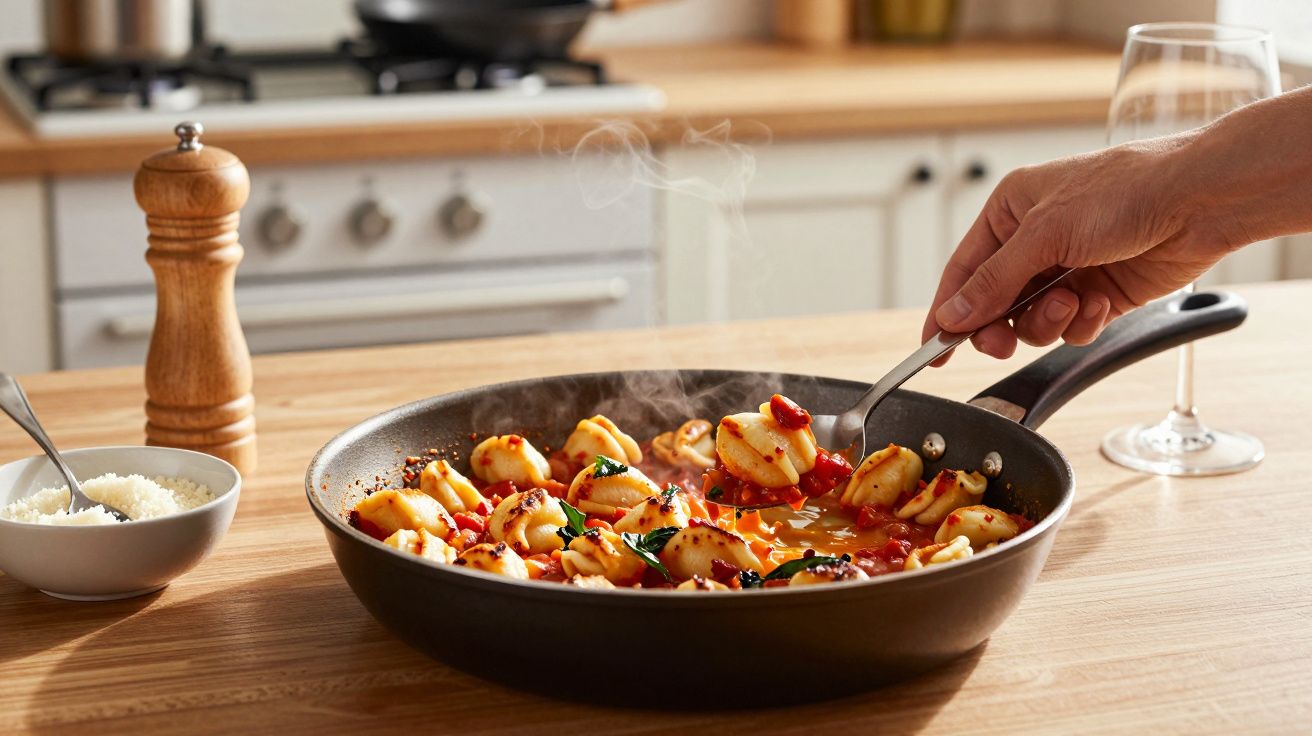 Persoană care amestecă paste în tigaie pe aragaz, lângă un bol cu parmezan și un piperar de lemn.