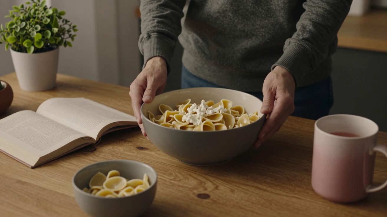 Bărbat servind paste în vas mare pe masă din lemn cu cană și carte deschisă.