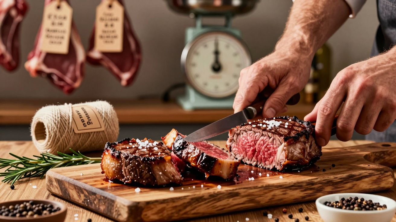 Mâini tăind friptură suculentă pe un tocător de lemn, decorat cu crenguță de rozmarin și boabe de piper negre.