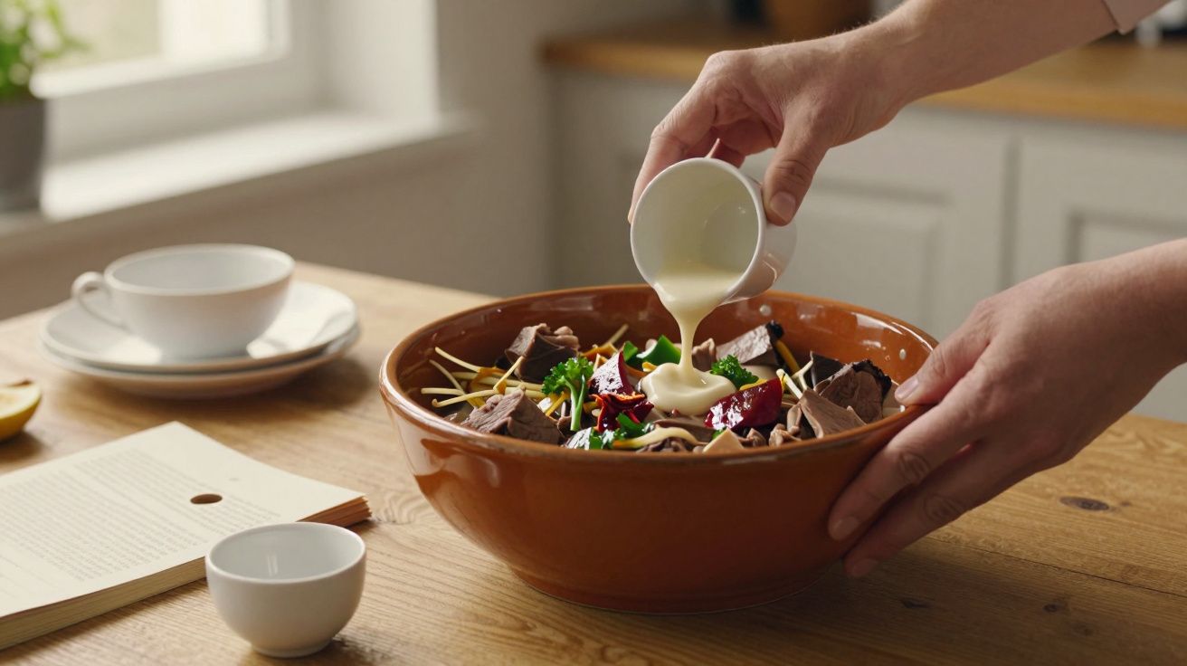 Mâini turnând sos alb peste o salată într-un vas de lut, pe masă, alături de o ceașcă de ceai și o carte deschisă.