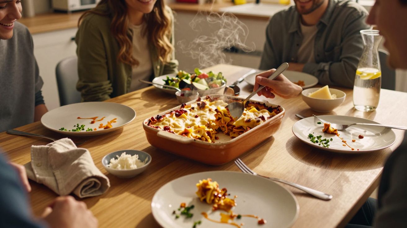 Grup de persoane mănâncă lasagna fierbinte împreună la o masă de lemn, cu salată și băuturi în apropiere.