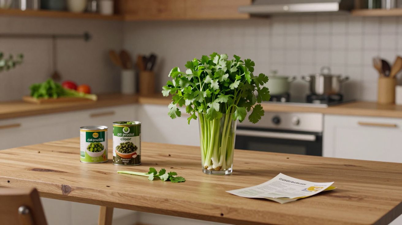 Plante de coriandru într-un pahar pe masa de bucătărie, lângă conserve și o rețetă.