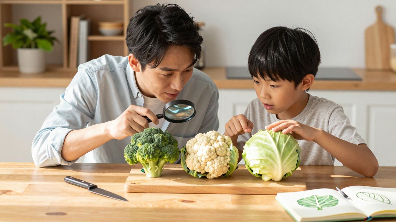 Tată și fiu examinând broccoli și conopidă cu o lupă la masa din bucătărie.