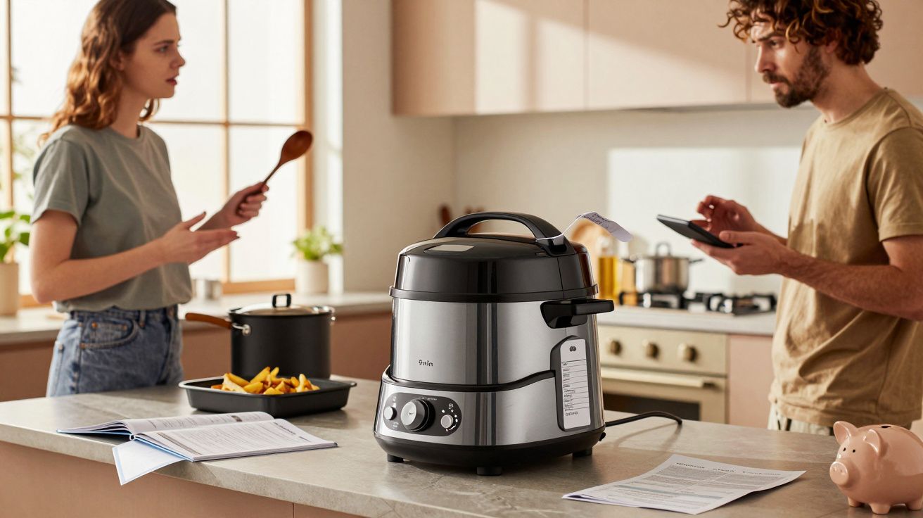 Două persoane în bucătărie, discutând lângă un aparat electrocasnic pe blat, cu rețete și telefon.