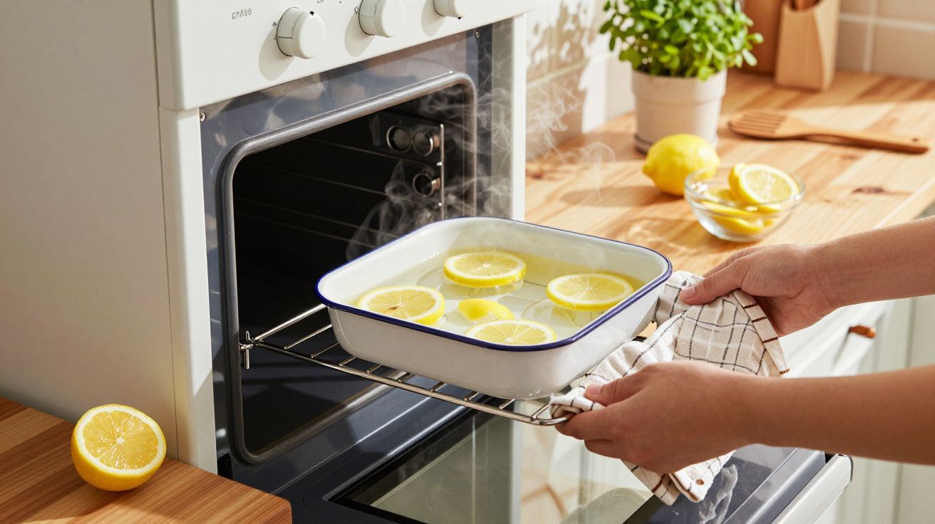 Tavă cu apă și felii de lămâie, scoasă din cuptor, în bucătărie luminoasă.