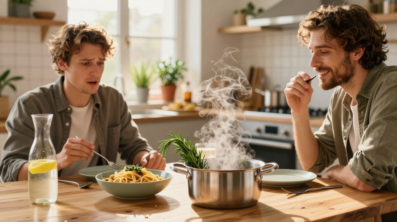 Două persoane la o masă din bucătărie, savurând paste alături de o tigaie aburindă.