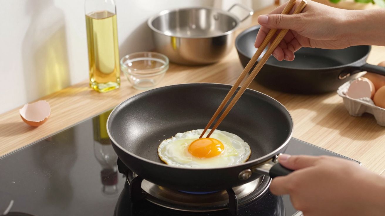O persoană gătește un ou ochi într-o tigaie antiaderentă, folosind bețișoare de bucătărie.