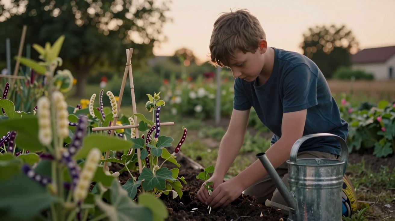 Băiat plantând plante tinere într-o grădină, înconjurat de flori, la apus, cu o stropitoare alături.