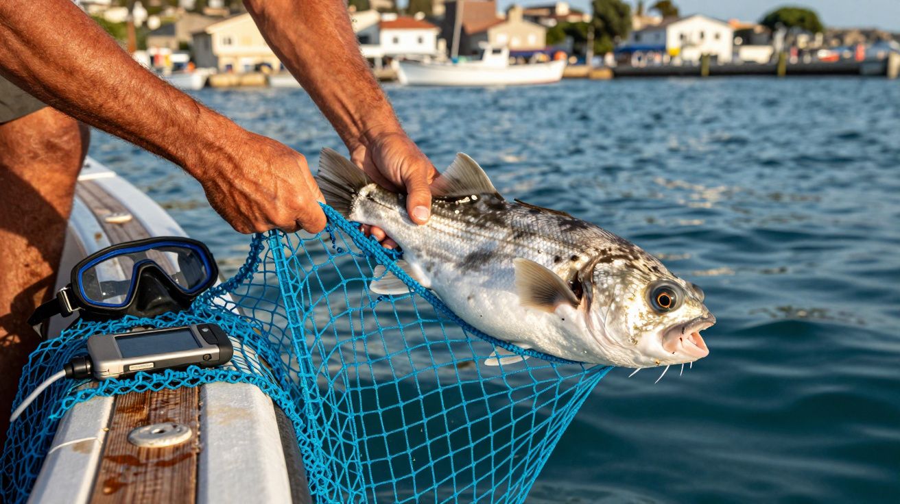 Persoană scoate un pește dintr-o plasă de pescuit, pe o barcă, cu ochelari de scufundare lângă.