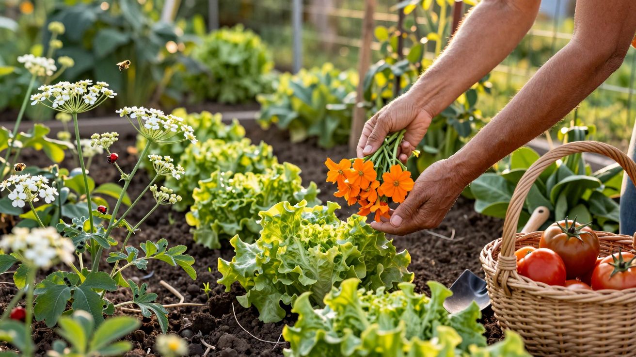 Persoană culegând flori portocalii într-o grădină cu salată verde și coș cu roșii.