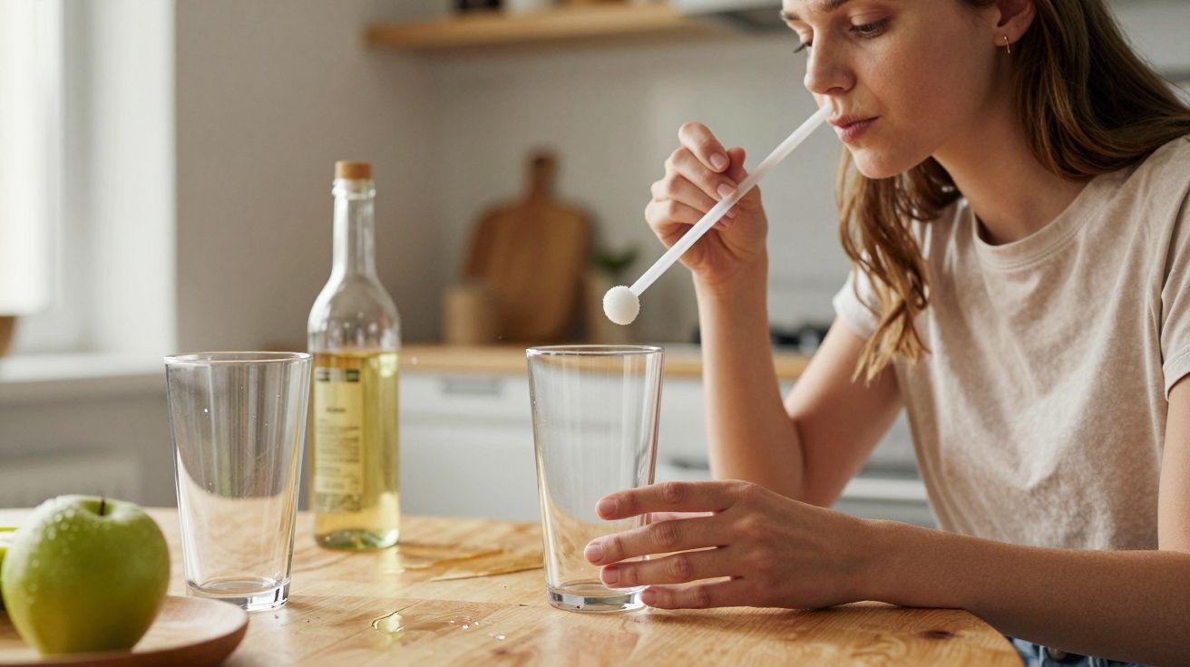 Femeie suflă într-un băț alb, la o masă cu două pahare goale, o sticlă și un măr verde.