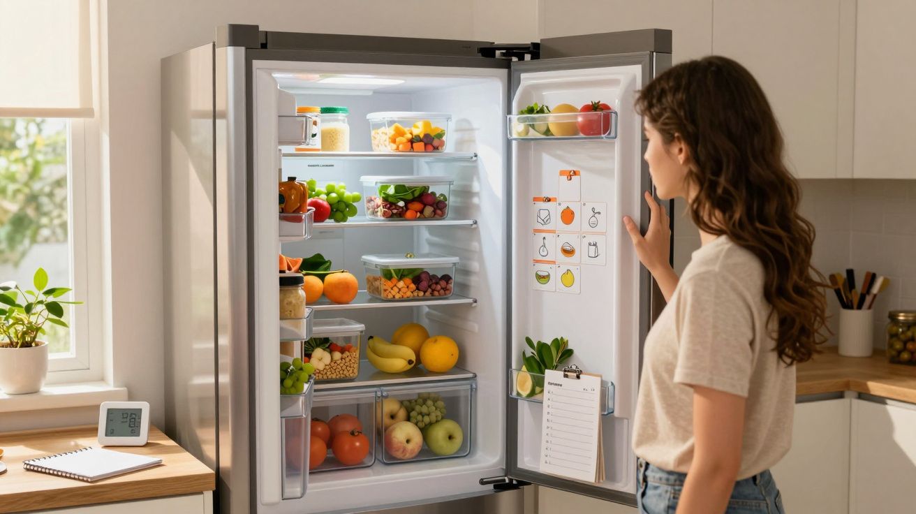 O femeie deschide un frigider modern, plin cu fructe și legume proaspete, într-o bucătărie luminată.
