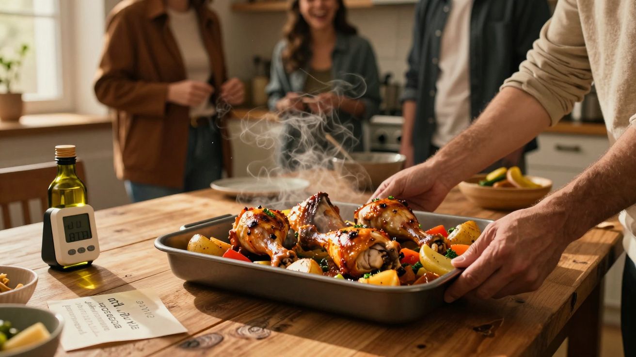 Persoană servind pulpe de pui la cuptor cu legume, aburind, pe o masă din bucătărie, alături de trei persoane.