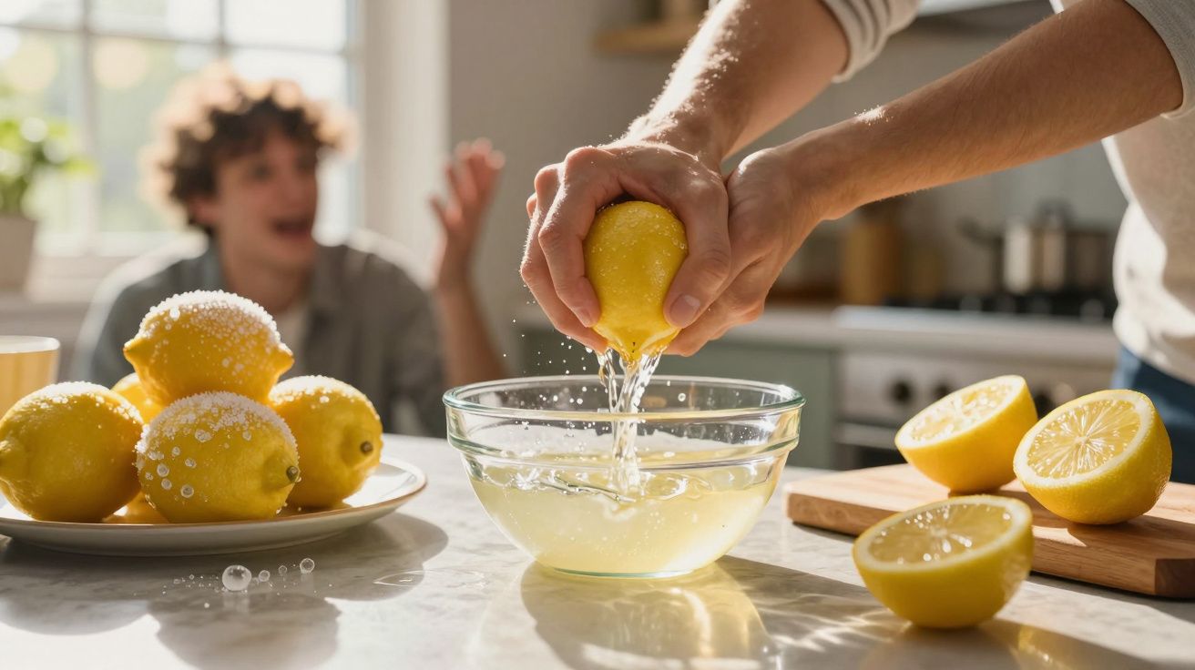 Persoană storcând lămâi într-un bol de sticlă pe blatul din bucătărie, cu lămâi și persoană în fundal.