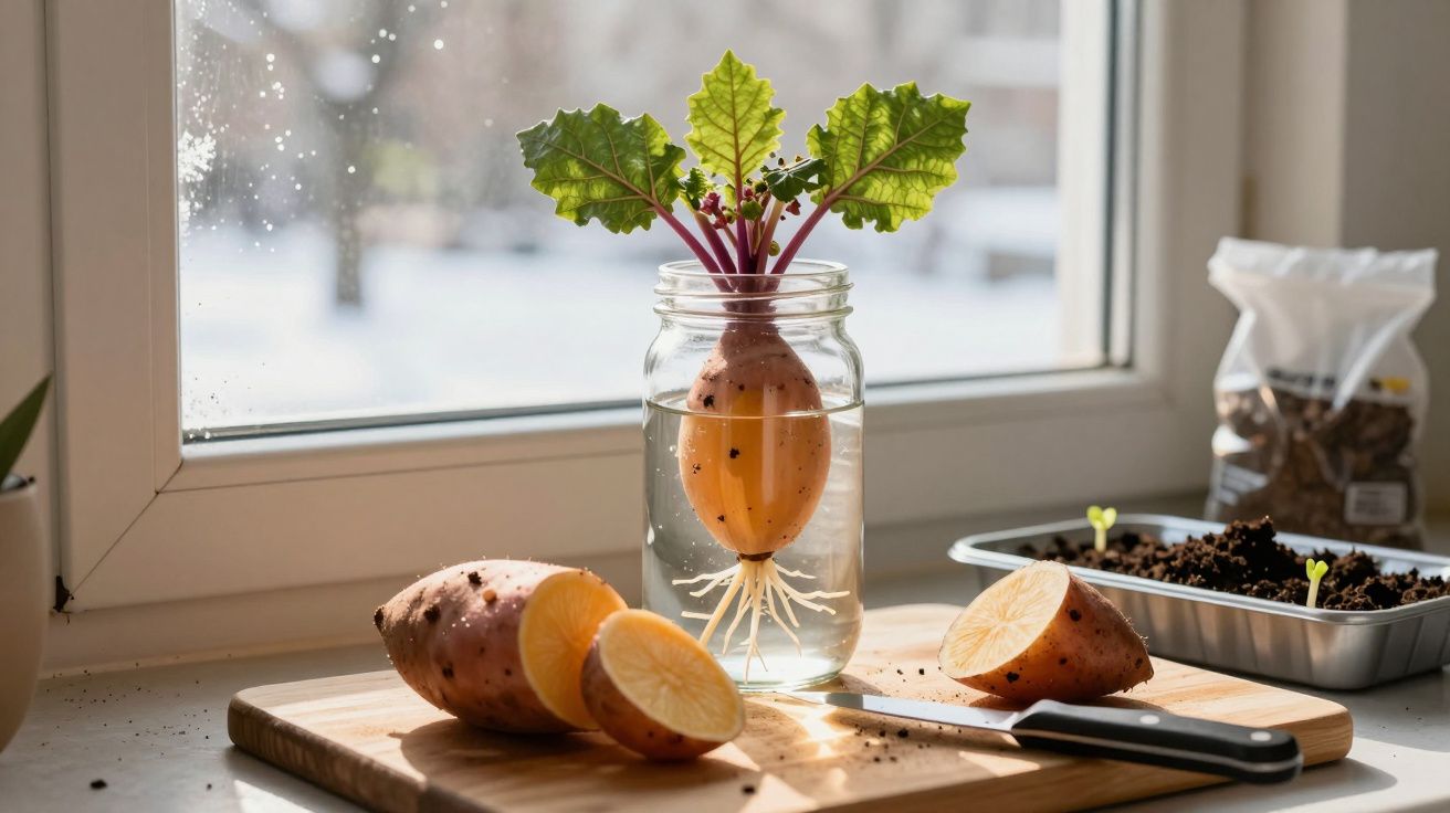 Cartof dulce în borcan cu apă, pe fereastră, cu lăstari și frunze, lângă o jumătate tăiată pe tocător.