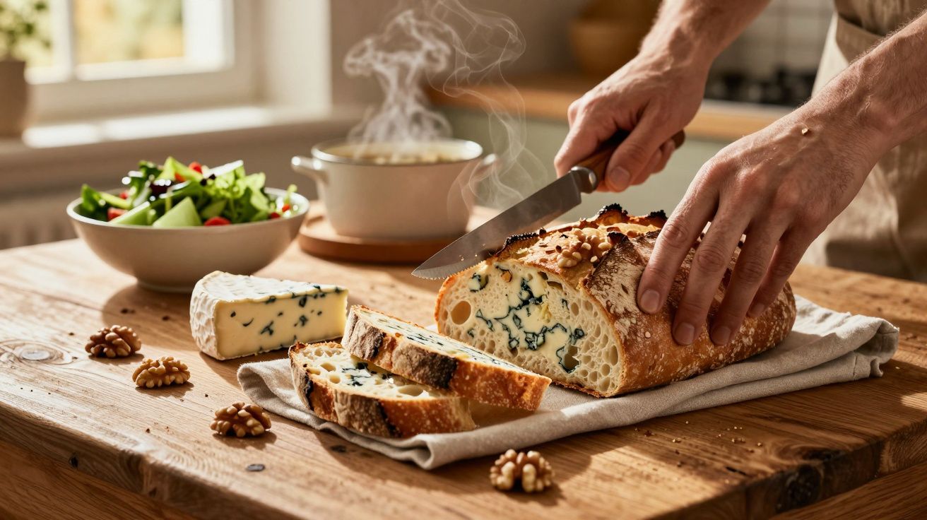 Persoană taie pâine pe o masă de lemn, lângă o salată și o bucată de brânză, cu nuci alături.