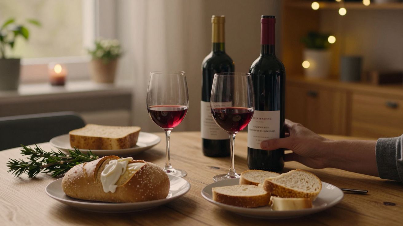 Masa cu vin roșu, pâine feliată și lumânare aprinsă, într-o atmosferă cozy.