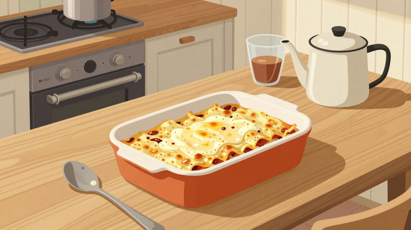 Tavă cu lasagna aburindă pe masă din lemn, lângă o lingură, o cană de ceai și un ceainic alb în bucătărie.