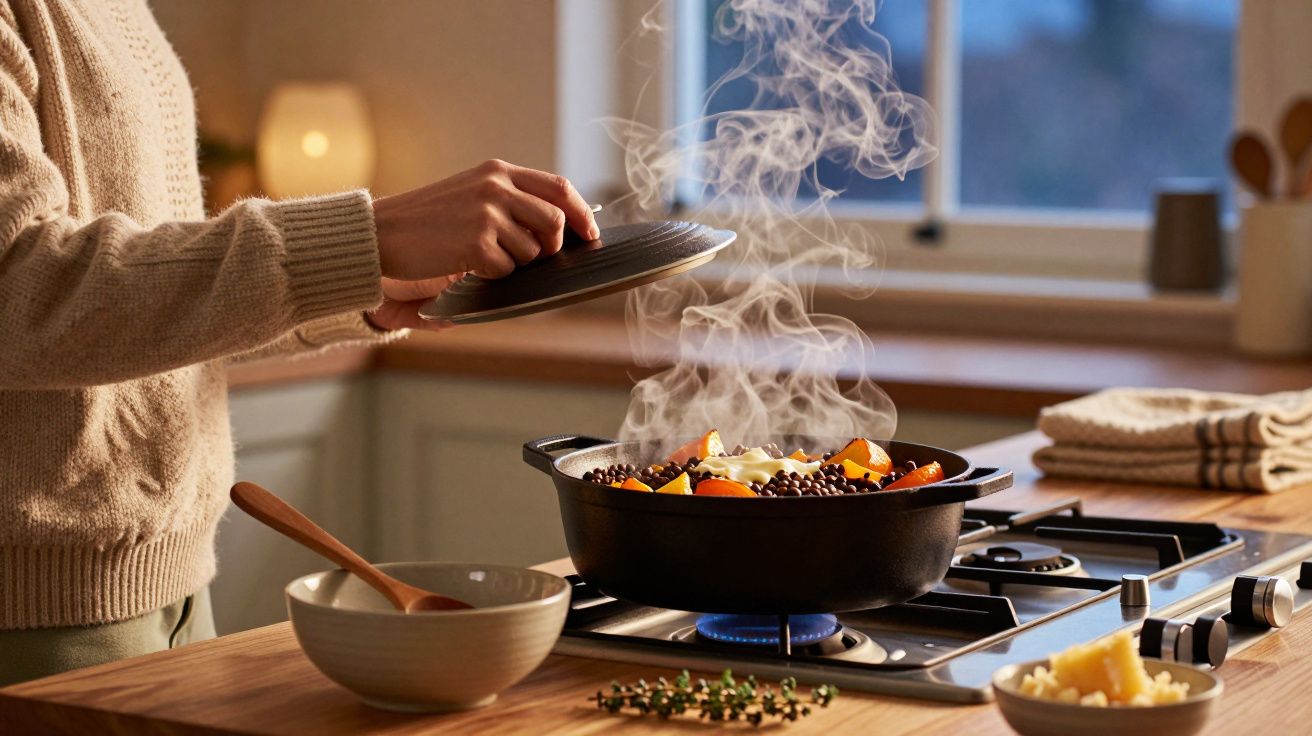 Persoană gătește legume aburinde într-un vas pe aragaz, în bucătărie, înconjurată de ingrediente și ustensile de gătit.