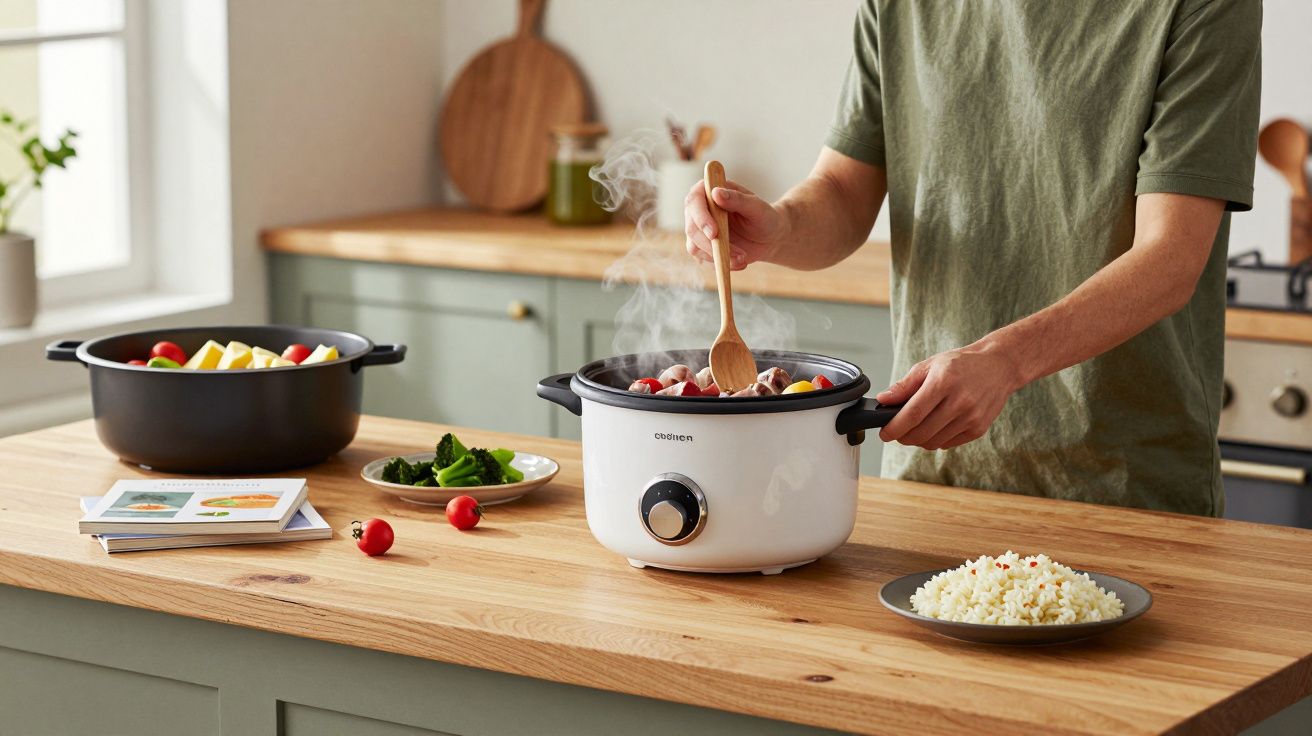 Persoană amestecând ingrediente într-un slow cooker, pe o masă de bucătărie cu orez, legume și cărți de gătit.