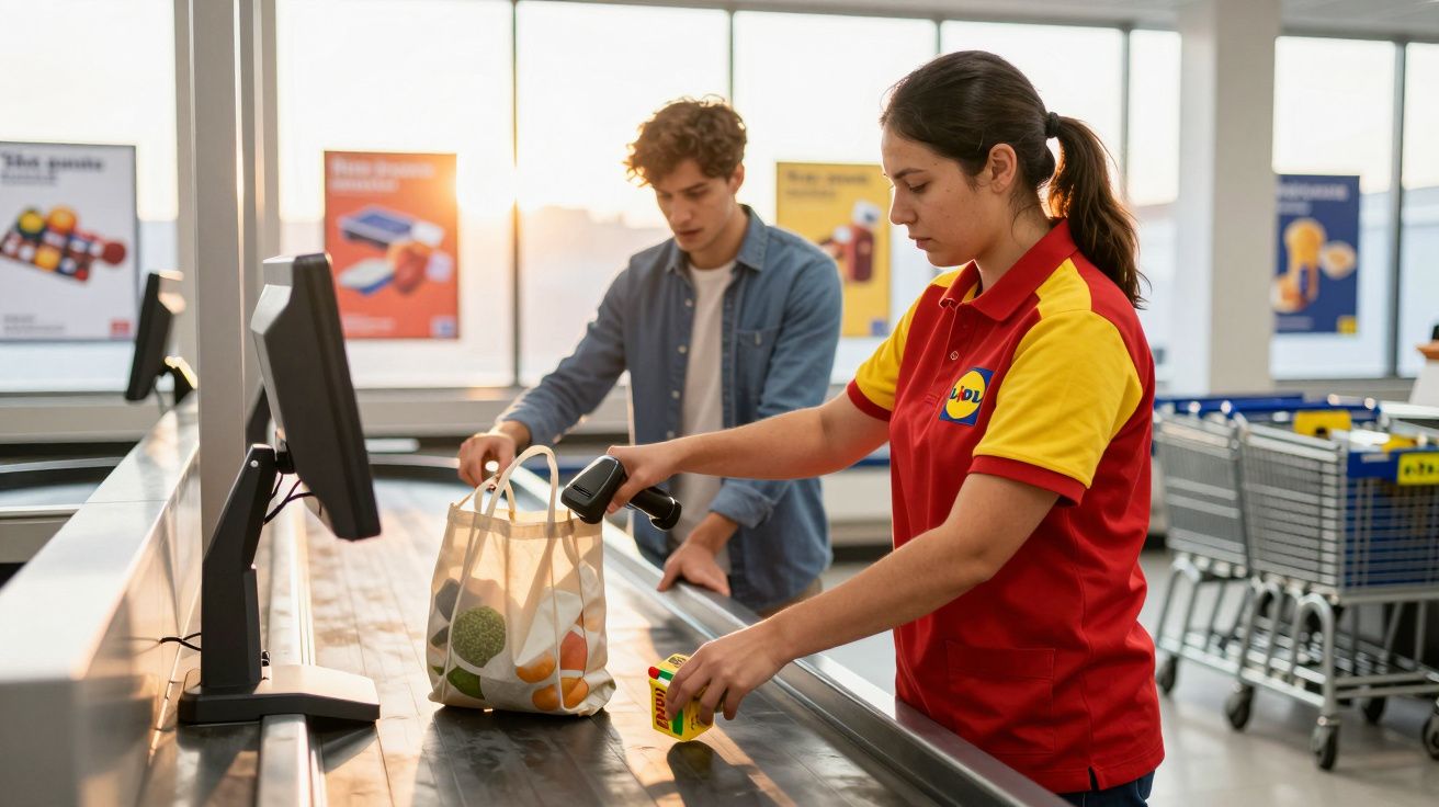 Casieriță în uniformă galben-roșie scanează produse la o casă de marcat; un bărbat așază cumpărături într-o pungă.