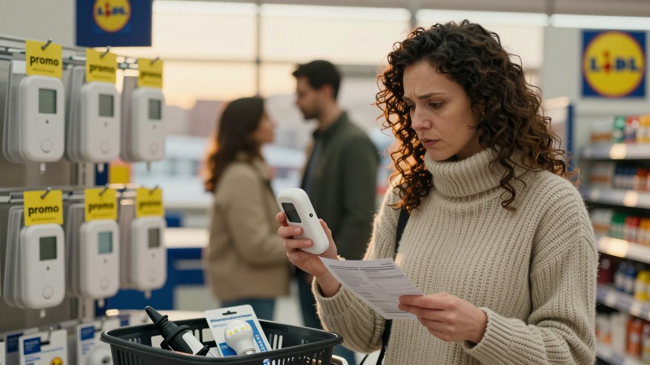 Femeie verificând un dispozitiv electronic într-un magazin, cu coș de cumpărături și reclame promoționale în fundal.