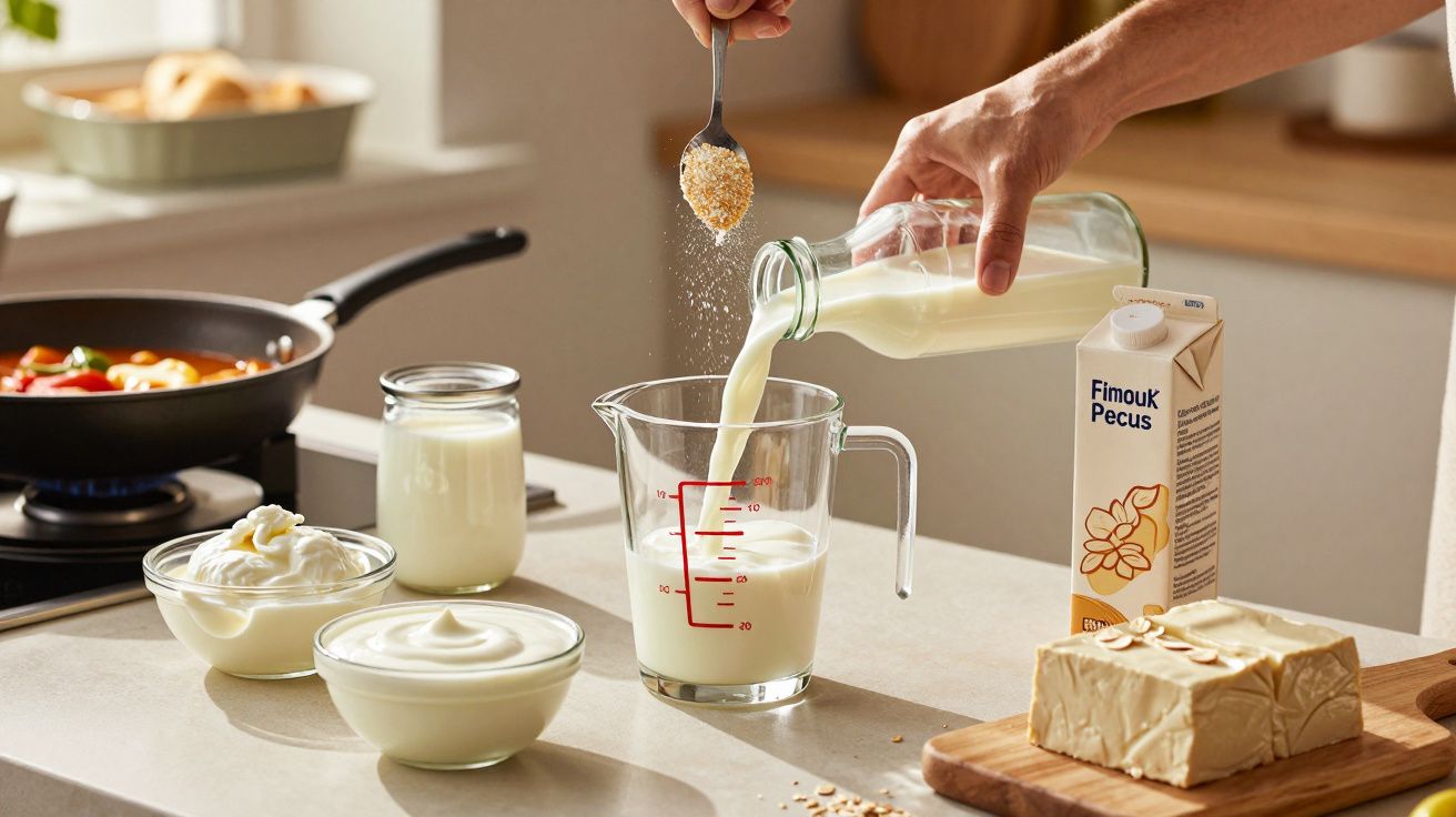 Persoană toarnă lapte în pahar gradat, adăugând cereale. Pe masă sunt iaurturi, unt și o tigaie pe aragaz.