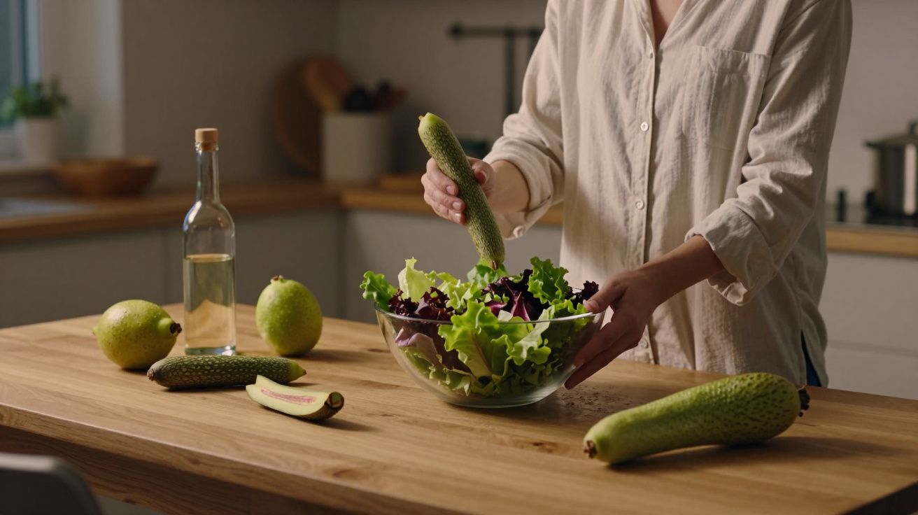 Persoană pregătind o salată cu legume proaspete într-o bucătărie modernă, pe blatul de lemn.