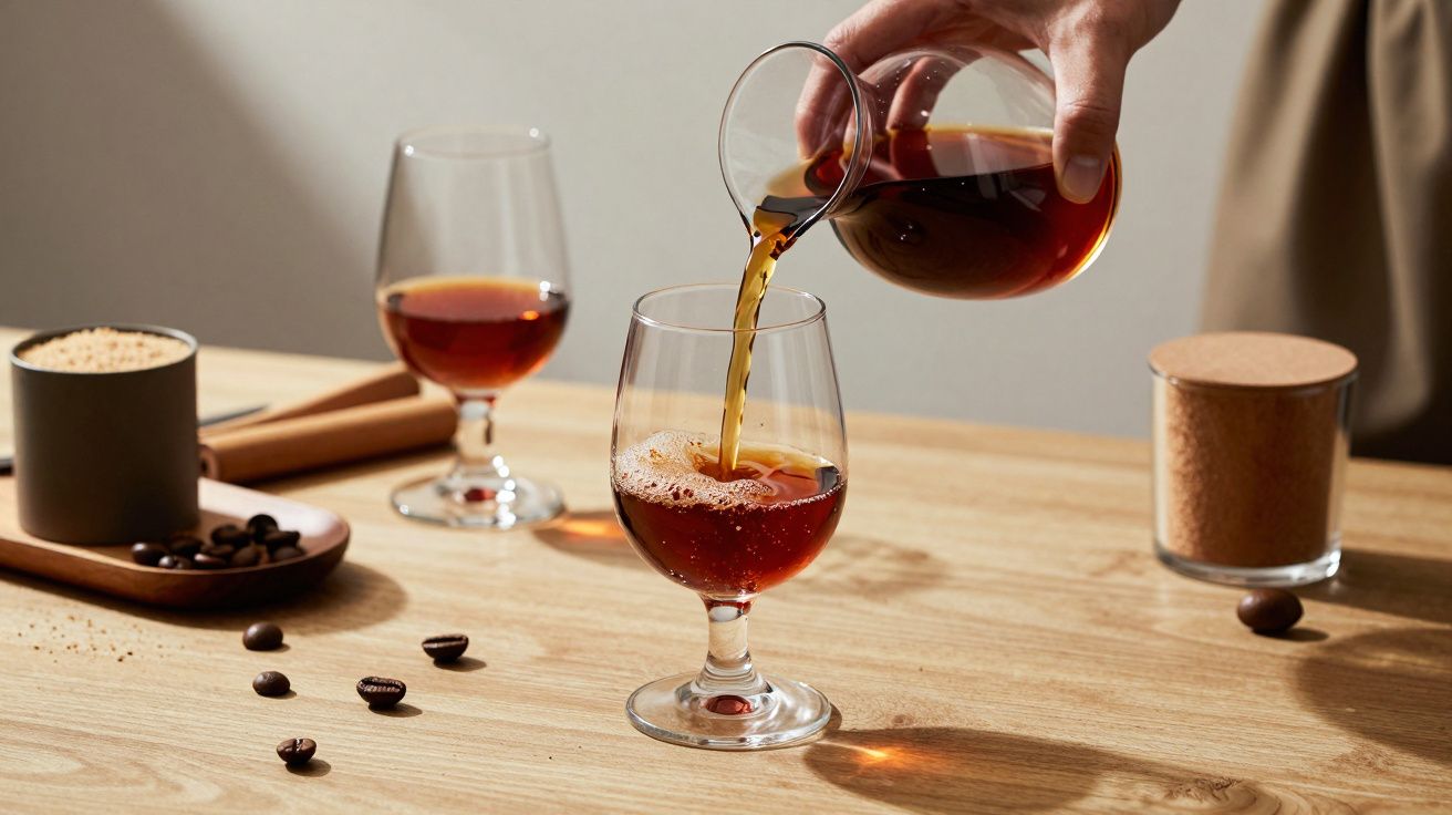 Mână care toarnă cafea într-un pahar pe o masă de lemn, cu boabe de cafea și un borcan în fundal