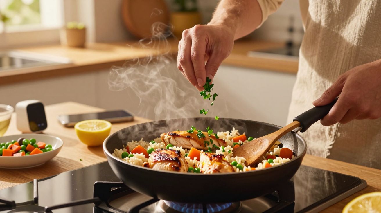 Persoană gătește pui cu orez și legume într-o tigaie, presărând ierburi proaspete deasupra.