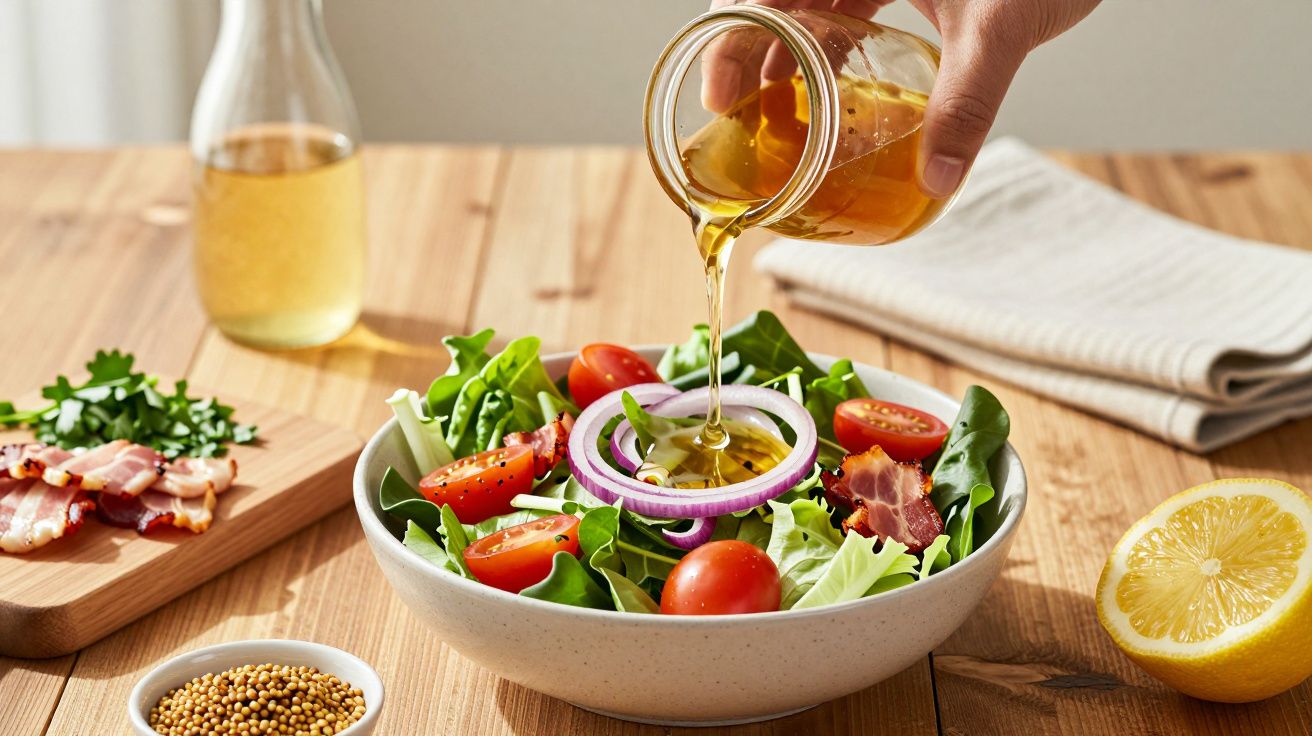 Mână toarnă dressing peste salată într-un bol cu frunze verzi, roșii cherry, inele de ceapă roșie și bucăți de bacon.