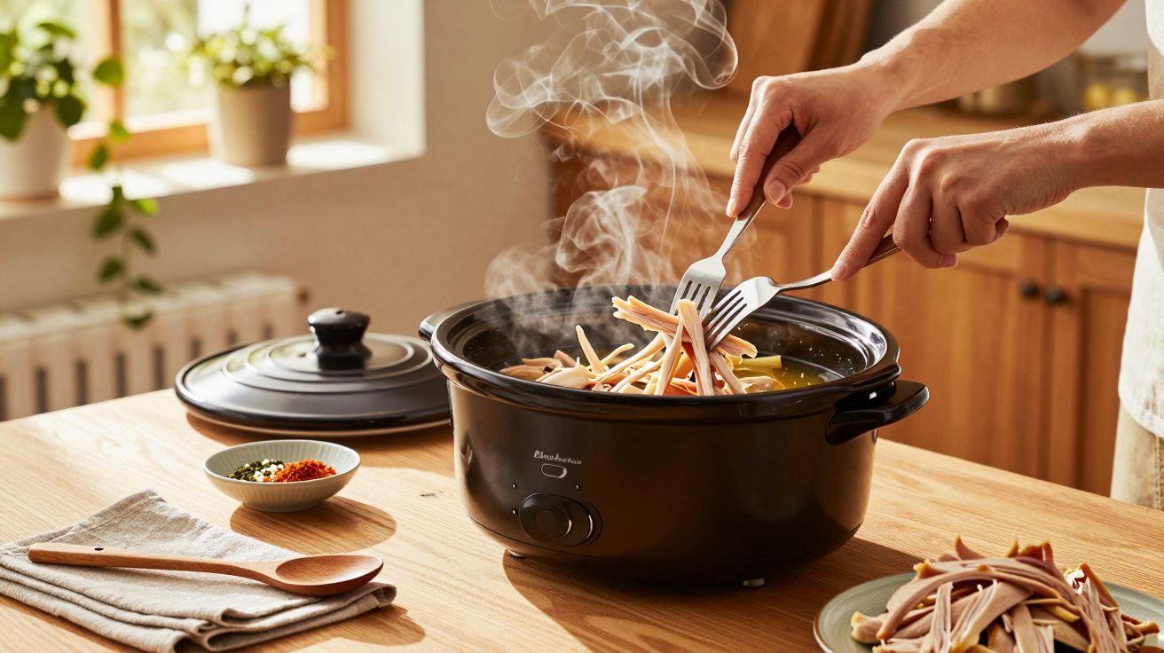 Persoană pregătind alimente în slow cooker, la o masă din lemn, cu aburi deasupra.