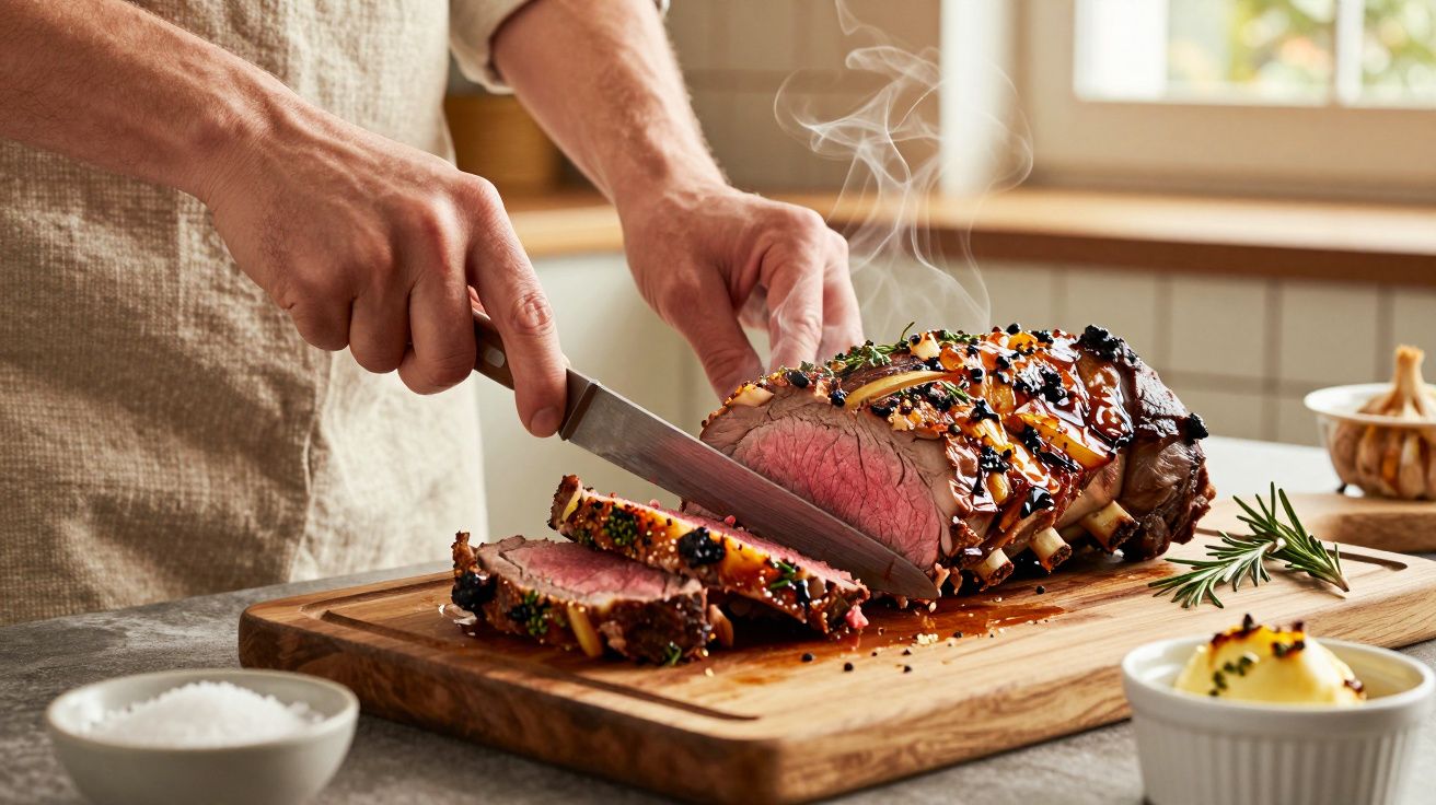 Mâini feliază o friptură suculentă medium-rare pe tocător, cu ierburi, sos și aburi, lângă sare și unt.