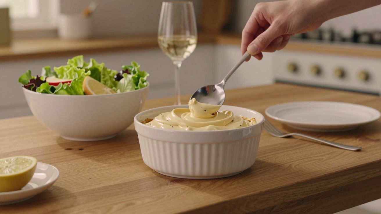 Mână adaugă crema pe un desert în vas alb; salată și pahar de vin alături, pe un blat de bucătărie.