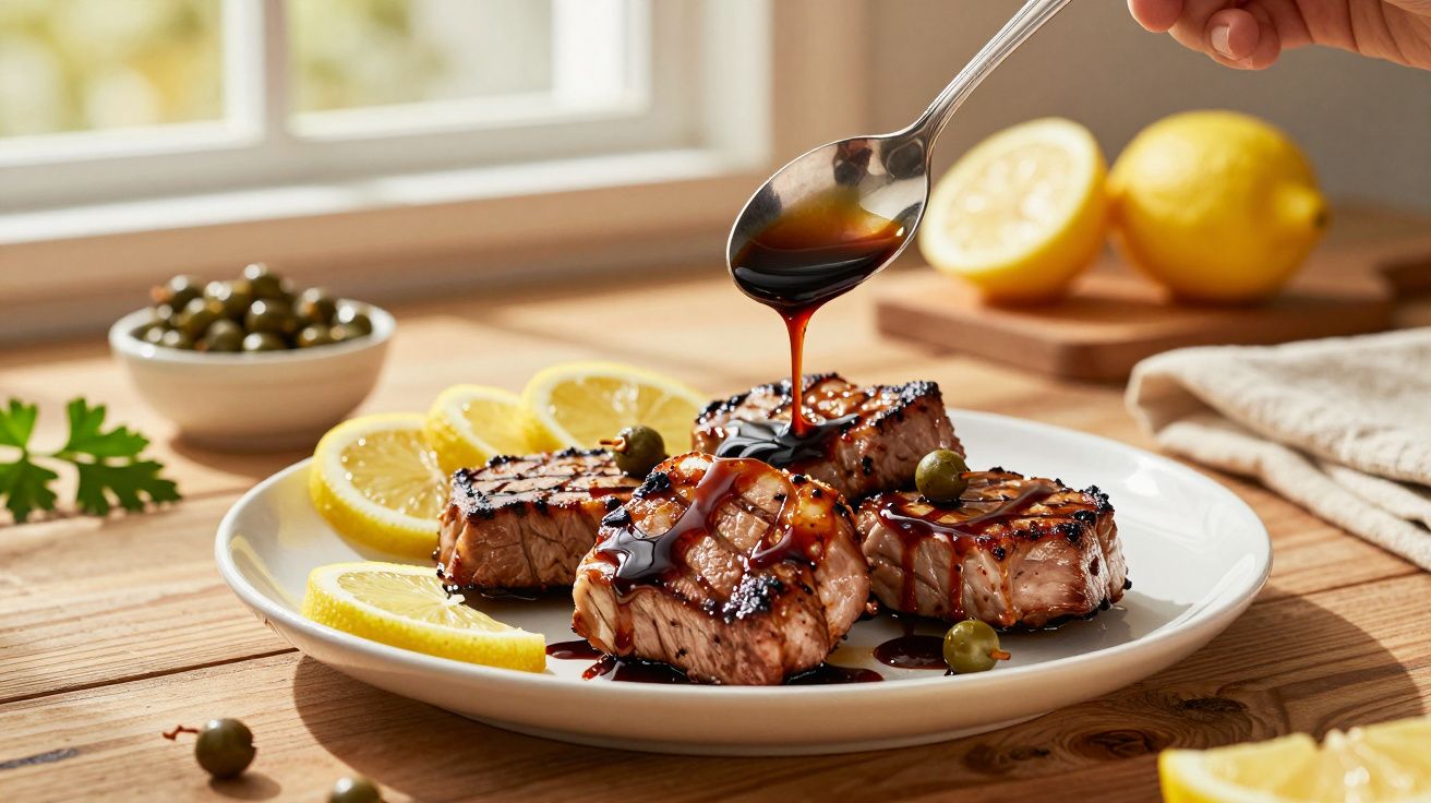 Medalioane de carne friptă cu sos turnat, felii de lămâie și capere